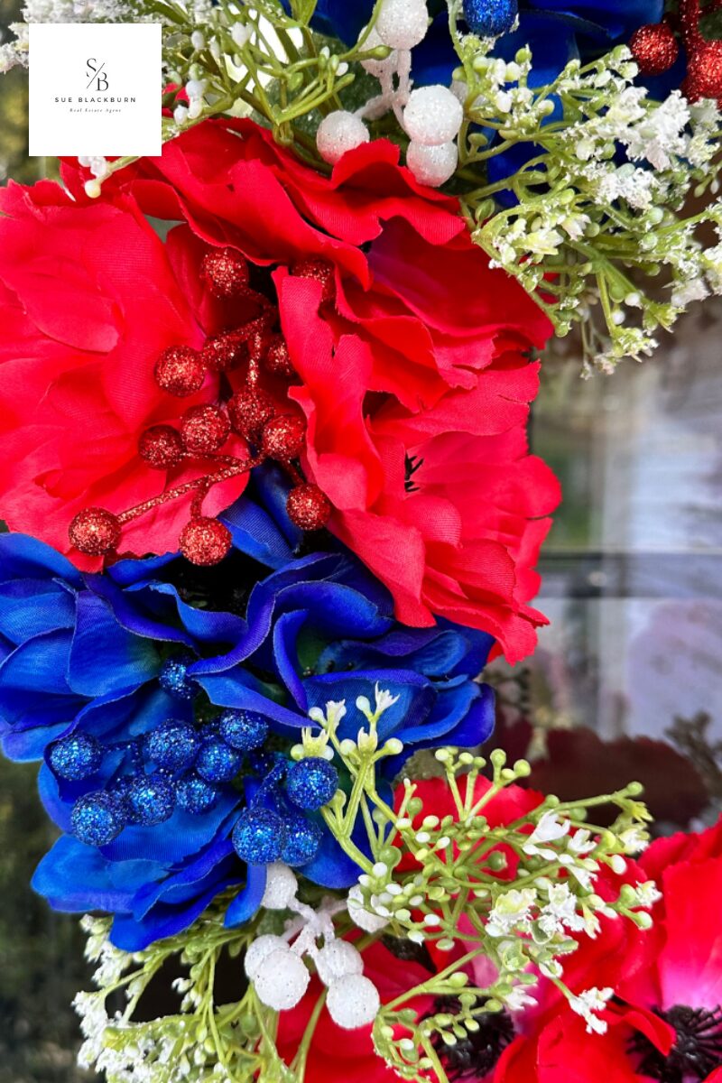 DIY Juy 4th red white and blue floral wreath